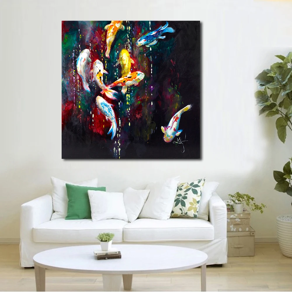 

JQHYART Wall Painting Orange Flowers Koi Fish Animal Painting Home Decor Modern Wall Art Canvas Prints No Frame Picture