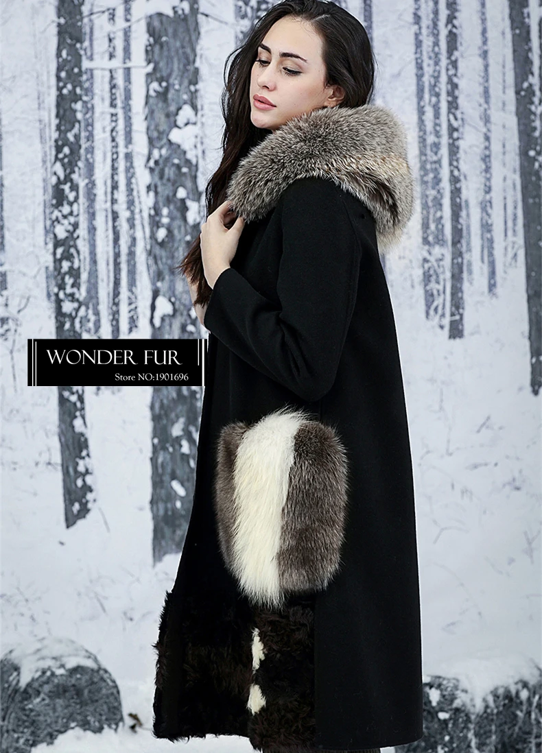 Женское длинное шерстяное пальто с карманами и лисьим мехом дизайнерское платье