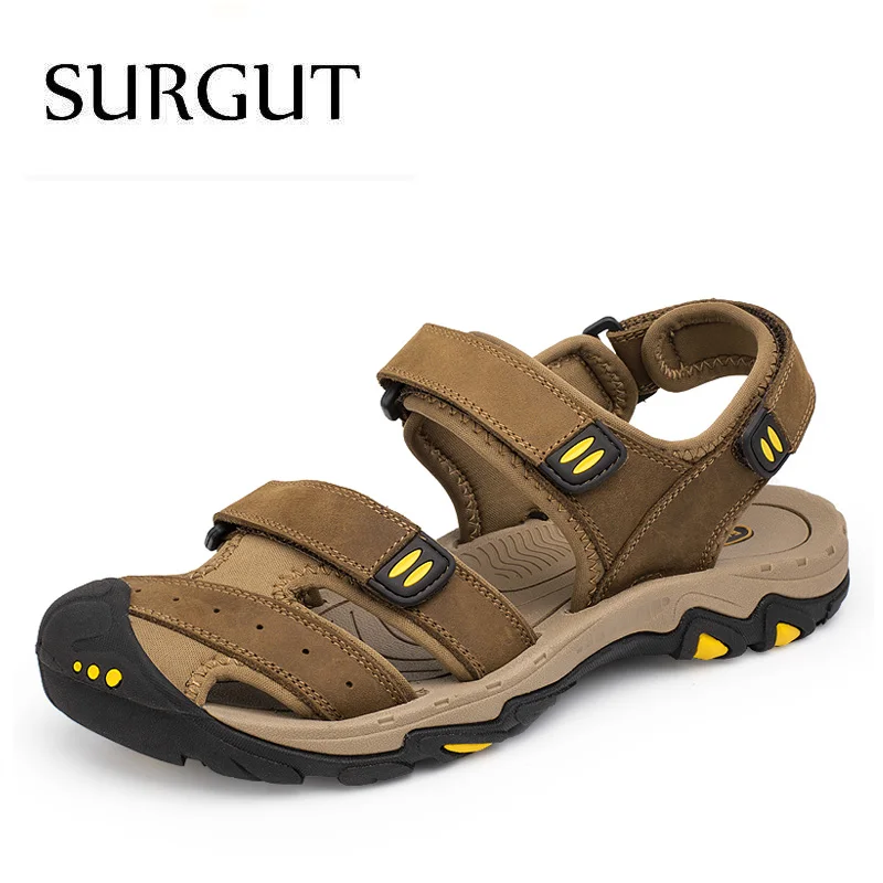 Light Brown SURGUT/Новинка; модные летние пляжные дышащие мужские сандалии; Брендовые мужские сандалии из натуральной кожи; мужская повседневная обувь размера плюс 38-47 - Цвет: Light Brown