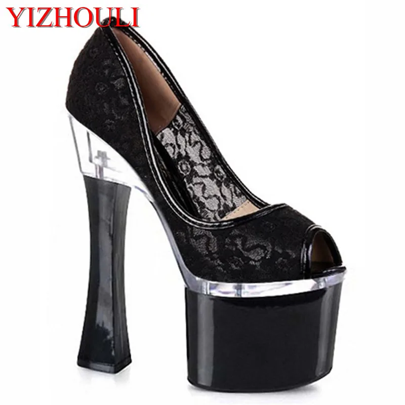 New European and American nightclubs lace glass and shallow-mouth single shoes 18cm high heel thick heel dance shoes