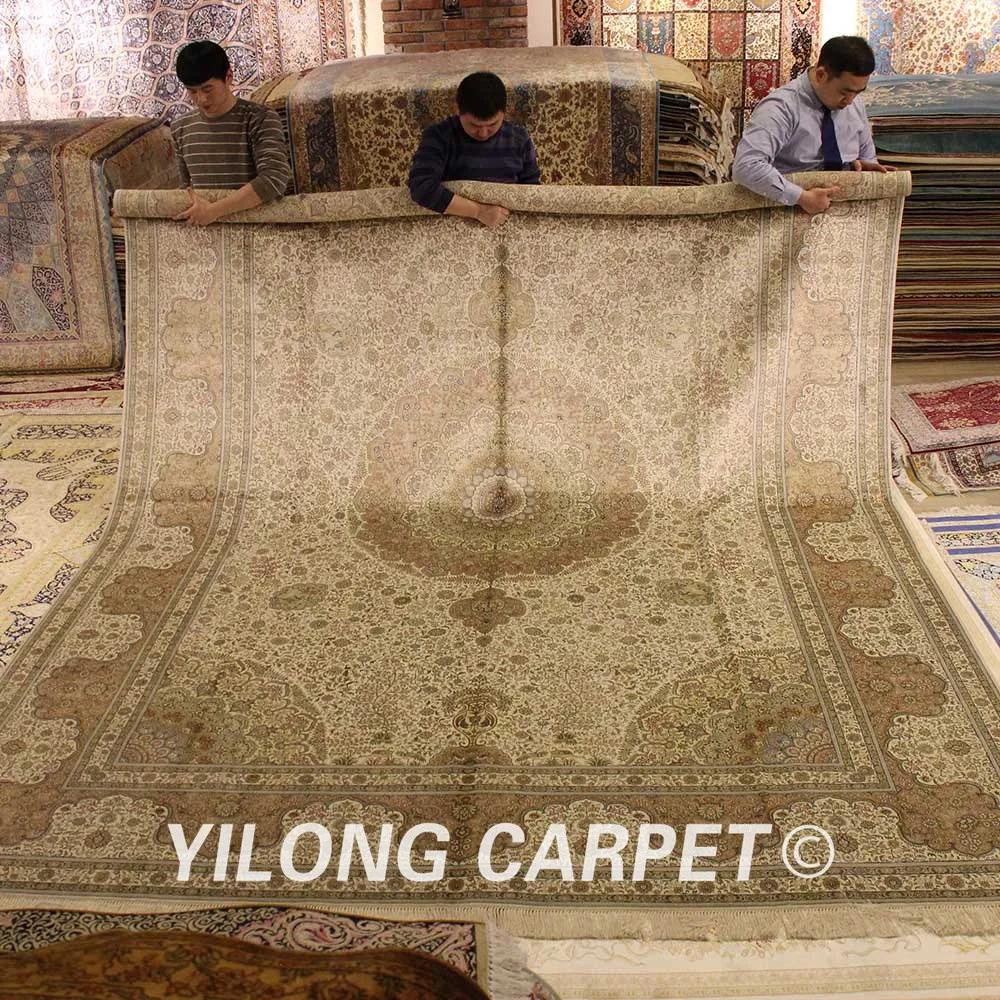 Koop Yilong 10'x14' Vantage Perzische Zijden Kleed Grote Antieke Beige Oosterse Zijde Tapijt (1908)