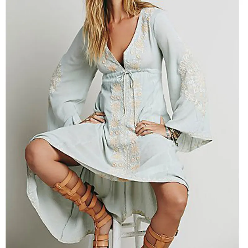 Женское длинное платье с вышивкой свободное богемное Пляжное Платье макси