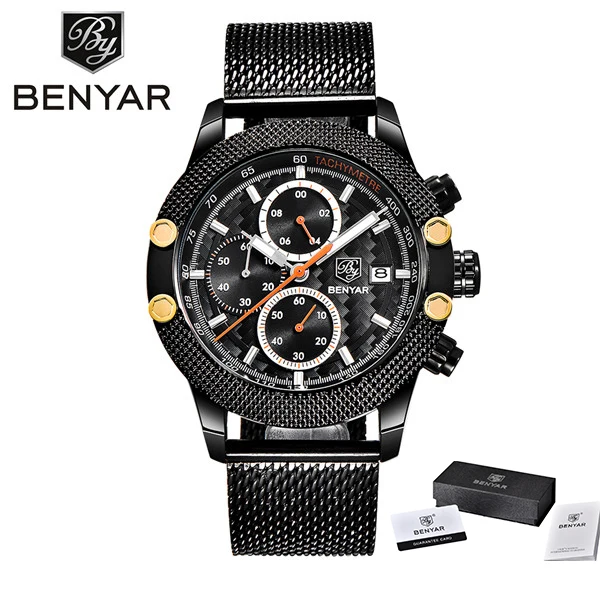 black orange BENYAR спортивные часы с хронографом мужские с сетчатым ремешком и силиконовым ремешком водонепроницаемые Роскошные брендовые кварцевые часы золотые поддержка прямой доставки - Цвет: black orange