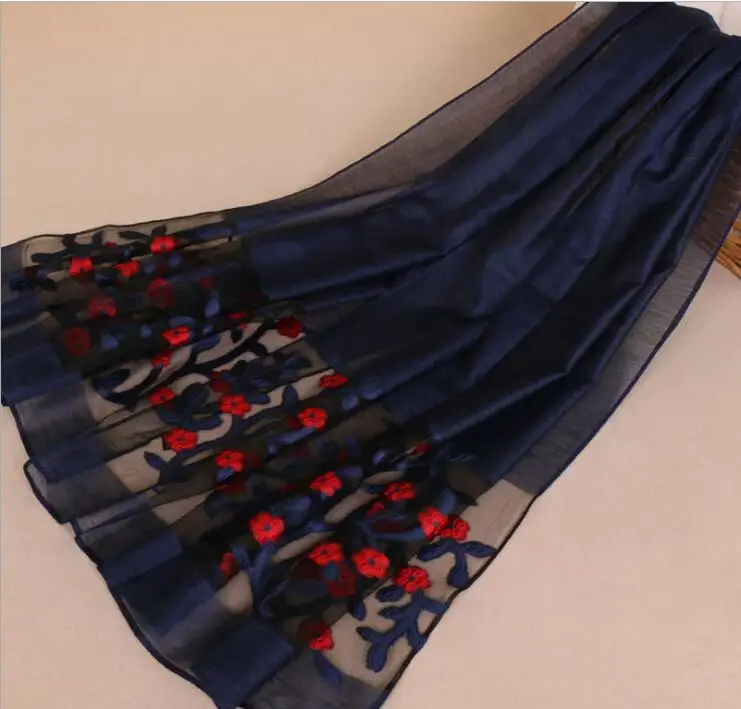 12 navy blue Летние красивые цветочные тонкие женские хиджабы летние мусульманские Гази шарфы платок шелковый вышитый органза длинная шаль обёрточная бумага 70X185 см - Цвет: 12 navy blue