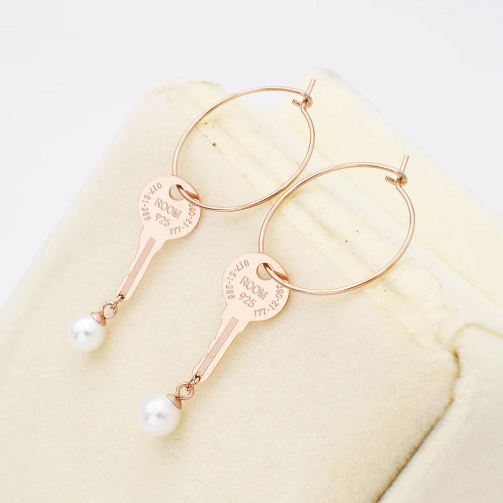 Rose Gold Hoop Earrings New Fashion Women Jewelry Key & Pearl Wholesale Stainless Steel For | Украшения и аксессуары