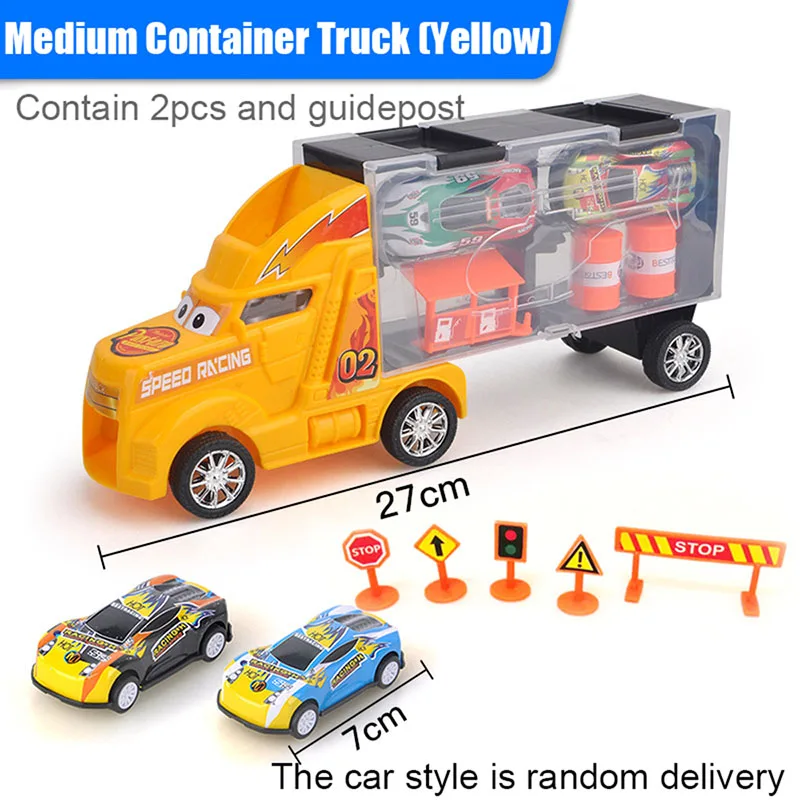 Yellow truck 2 cars 1/24 масштабный контейнер для хранения, грузовик, пластиковые транспортные средства, игрушки с литой под давлением мини-автомобиль, горячие Литые Автомобильные колеса, волшебные треки, машины для детей - Цвет: Yellow truck 2 cars