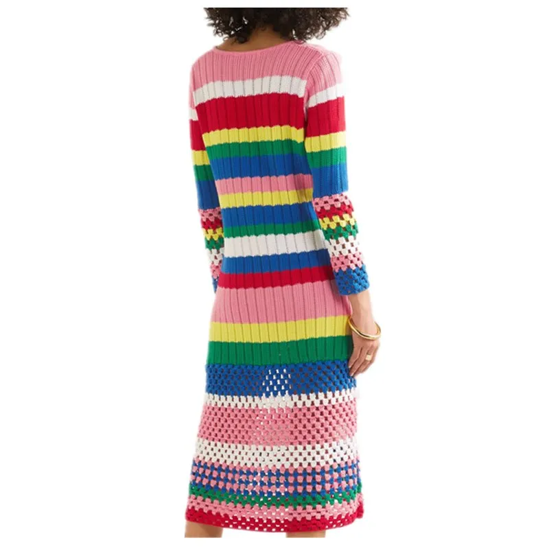 Женское Радужное Полосатое трикотажное платье 2019 летнее модное с длинным