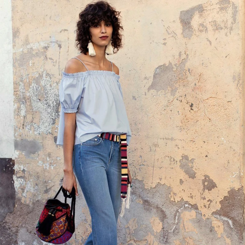 Женская блузка летняя с коротким рукавом и вырезом лодочкой синего цвета 2 вида