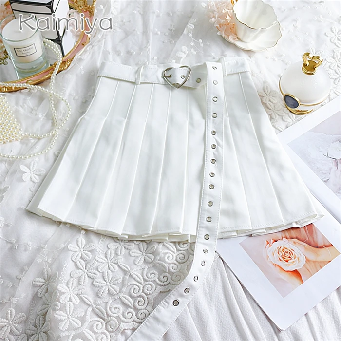New Summer Women Pleated Skirt High Waisted Heart Shape Sashes Women Pleated Short Skirt High Quality