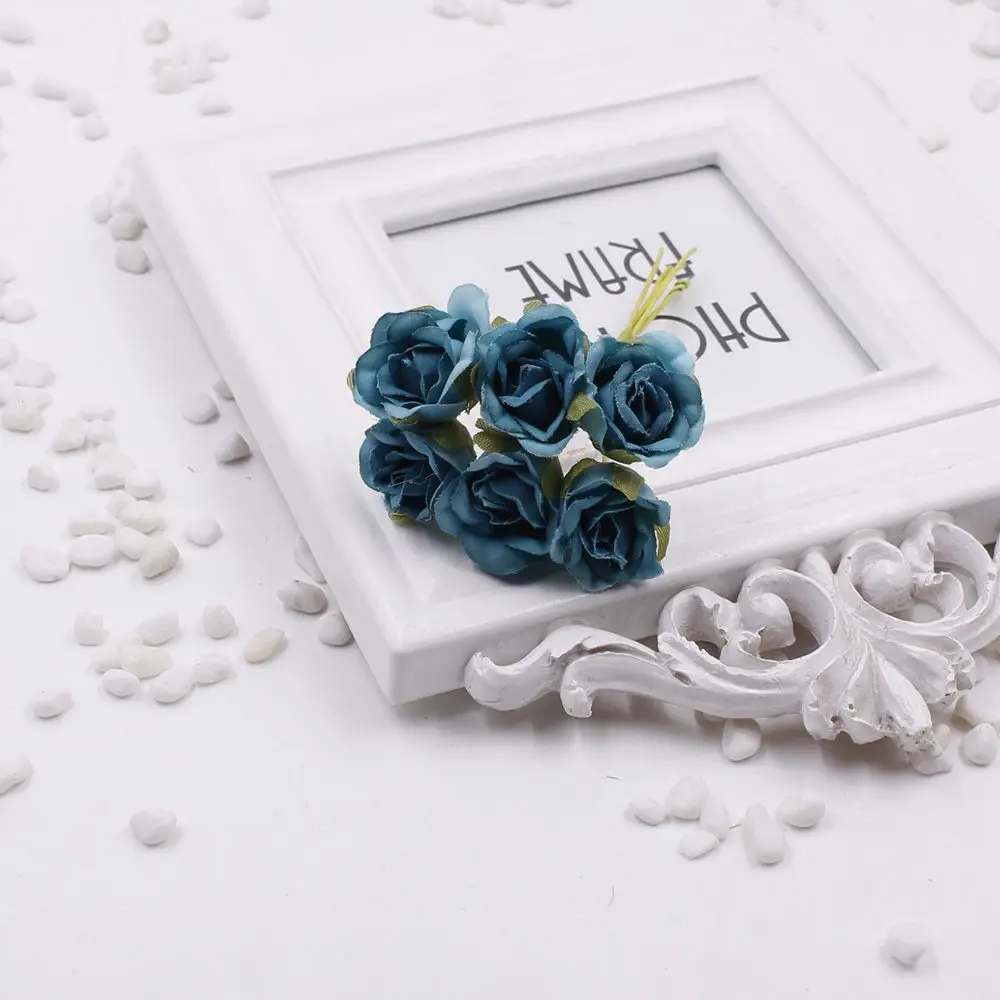 blue Новинка, 6 шт./лот, 2 см, градиентные шелковые мини розы, искусственные цветы, букет, украшение, сделай сам, аксессуары для скрапбукинга, Свадебный венок, подарок - Цвет: blue
