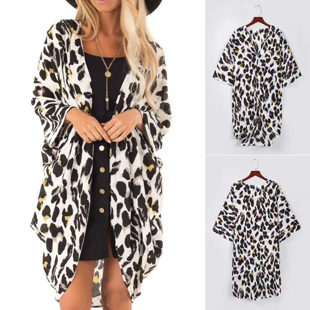 

Women Long Sleeve Bikini Swimsuit Cover Up Leopard Print Chiffon Beach Cardigan Summer Swimwear Women Summer Swimsuit Cover Up