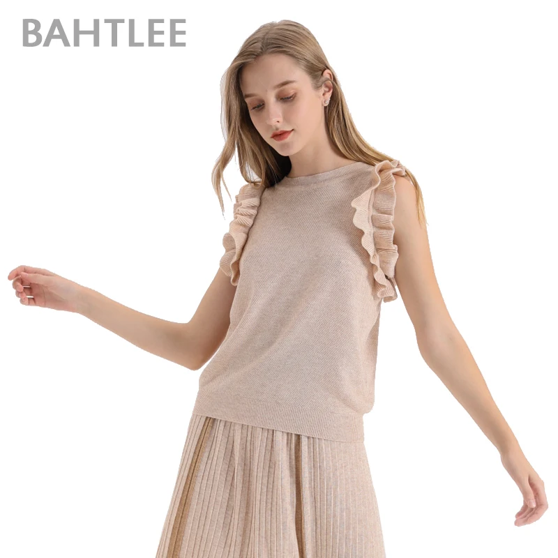 BAHTLEE Summer Frilled Trim knitted Slim Fitted Tee Sleeveless T-shirt Women Elegant Solid O-neck sweater Tshirt ruffles