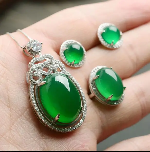 925 sterling silver natural chalcedony pendant ring ear studs set fashion ladies three pieces jewelry gift | Украшения и