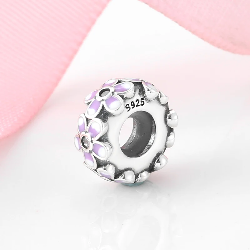 925 Sterling Silver Purple Flower And crystal CZ fine Stopper spacer bead Jewelry Making Fit Original Mikiwuu Charm Bracelet | Украшения и