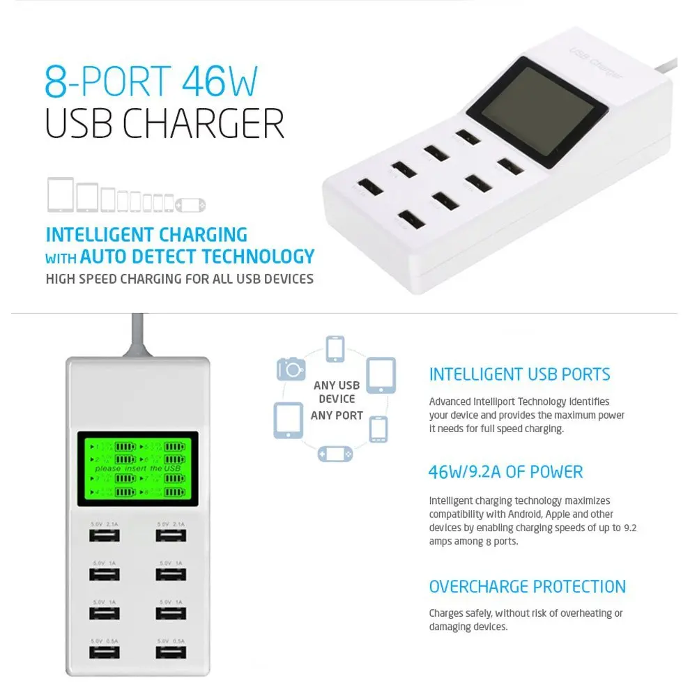 Настенное зарядное устройство с 8 портами USB и ЖК дисплеем для смартфона планшета