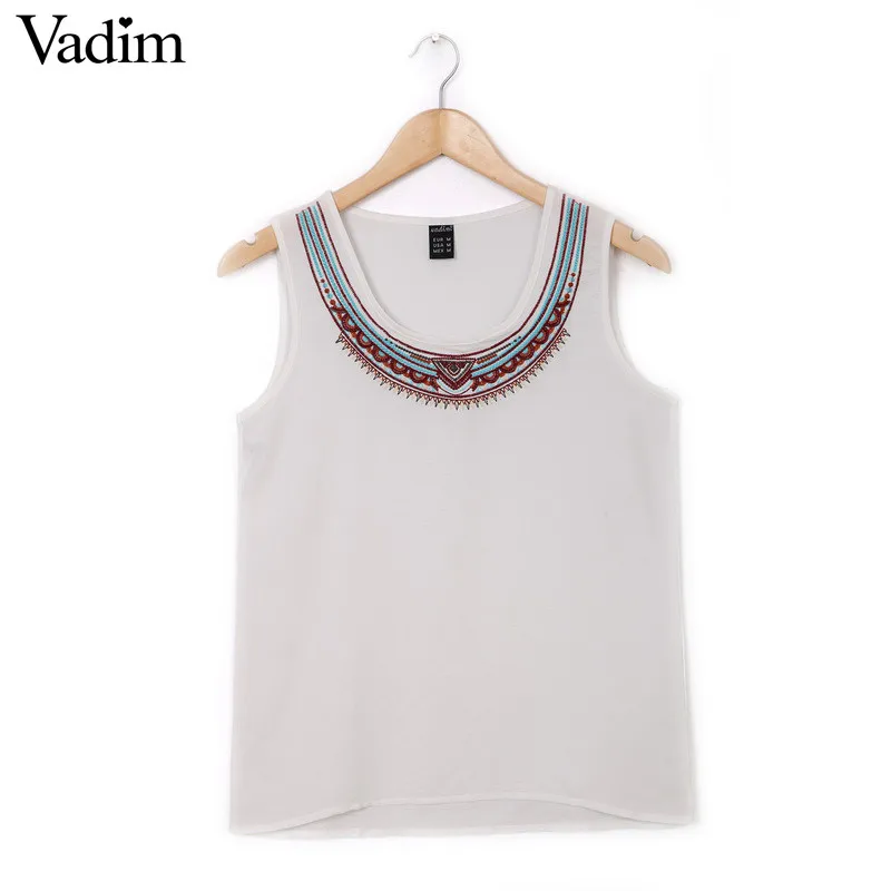 Vadim New Fashion Ladies' white Embroidery blouses sweet vintage brief O neck sleeveless shirt casual slim brand top WT75 |