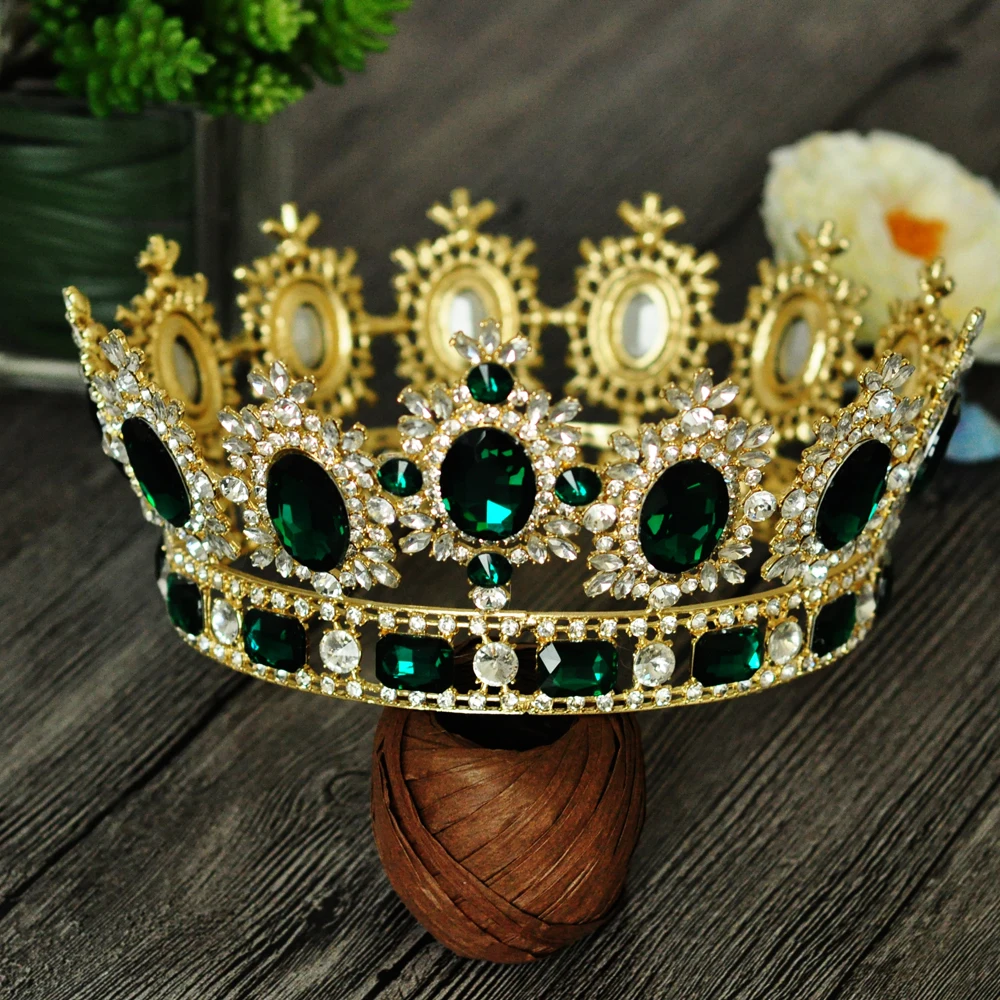 

2017 Huge Giant Wedding Bridal Men's Adult Royal Gold Golden Green Kings Tiaras And Crowns Pageant Headband