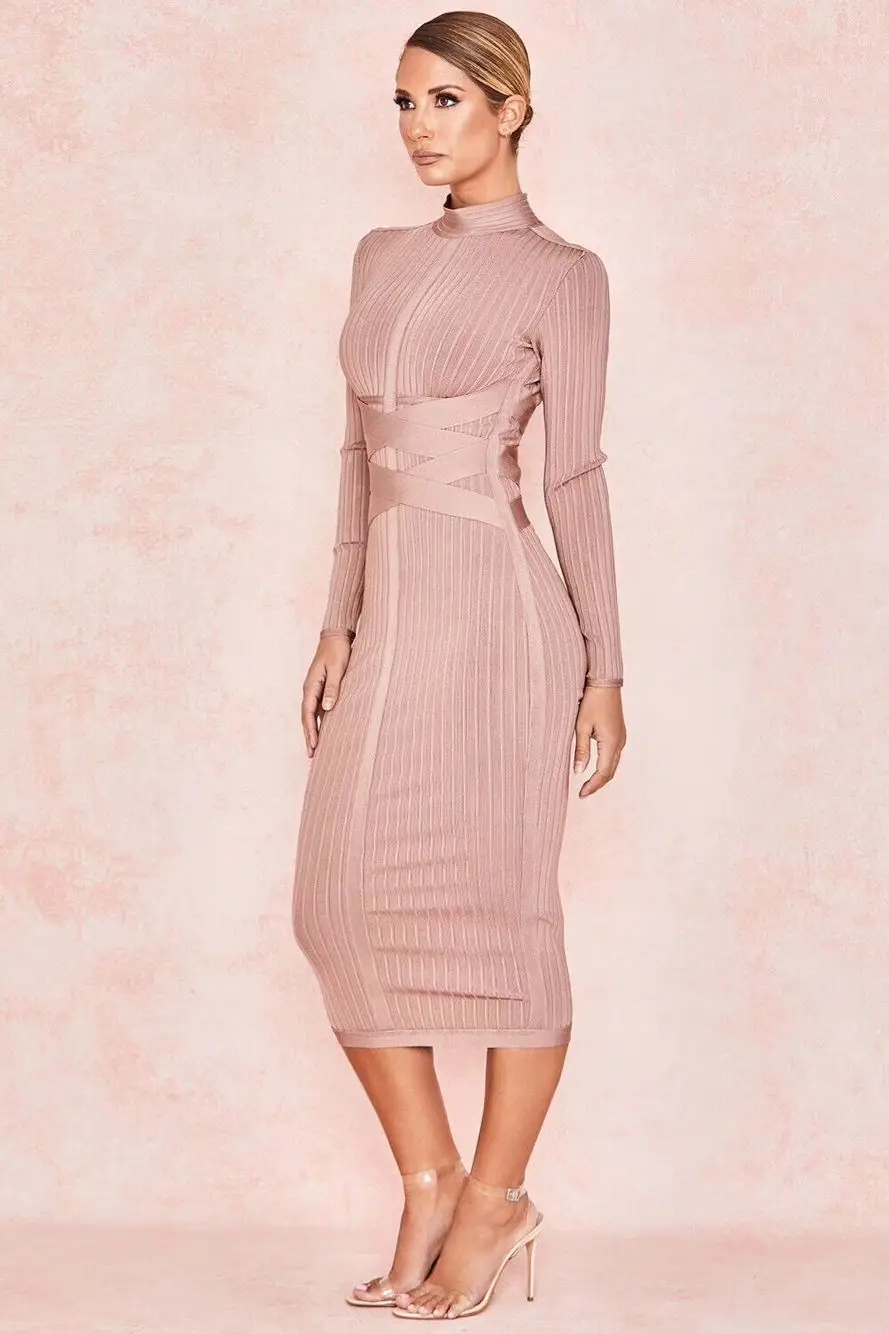 High Quality Khaki Long Sleeve Knee Length Rayon Bandage Dress Sexy Evening Party Bodycon | Женская одежда