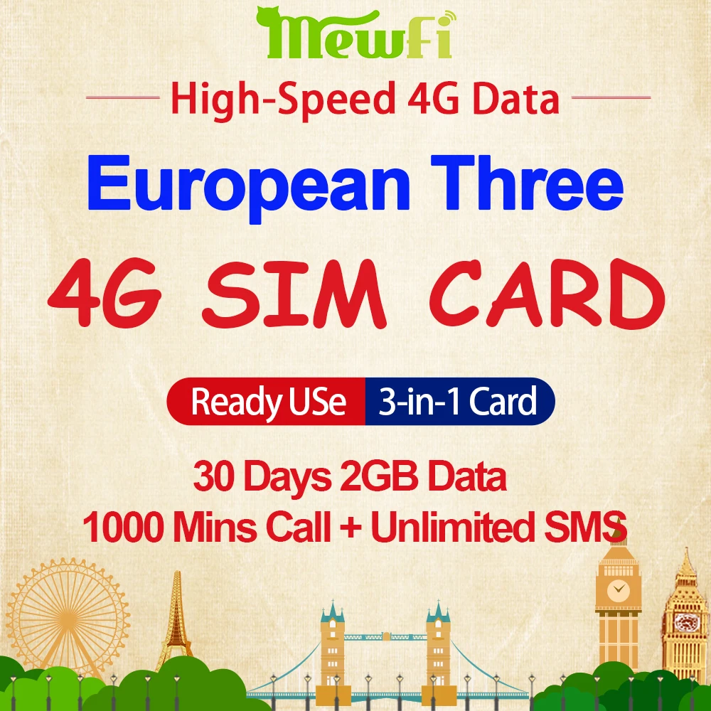 Mewfi оплаченный заранее Европа Туристическая сим карта 30 дней 2GB 4G - Цена: 1 712,28 руб.