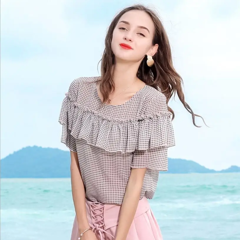 

2019 summer new fashion new temperament round neck plaid shirt lady Lap top casual chiffon shirt