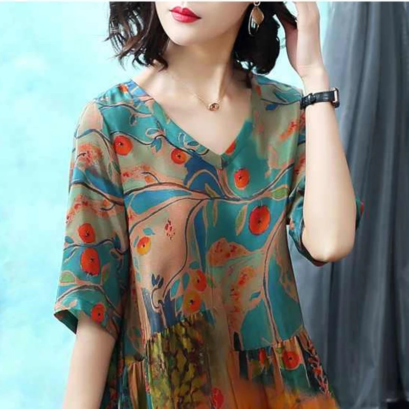 Women Dress Plus Size Summer Imitation Silk Print Vestido Colorful Female Loose Casual Vintage Large Dresses NO905 | Женская одежда