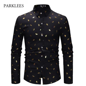 Золотая Складная Мужская рубашка с веером и принтом, Мужская классическая рубашка для ночного клуба, мужская приталенная рубашка для свадьбы, сцены, певицы, мужские классические рубашки, мужская рубашка
