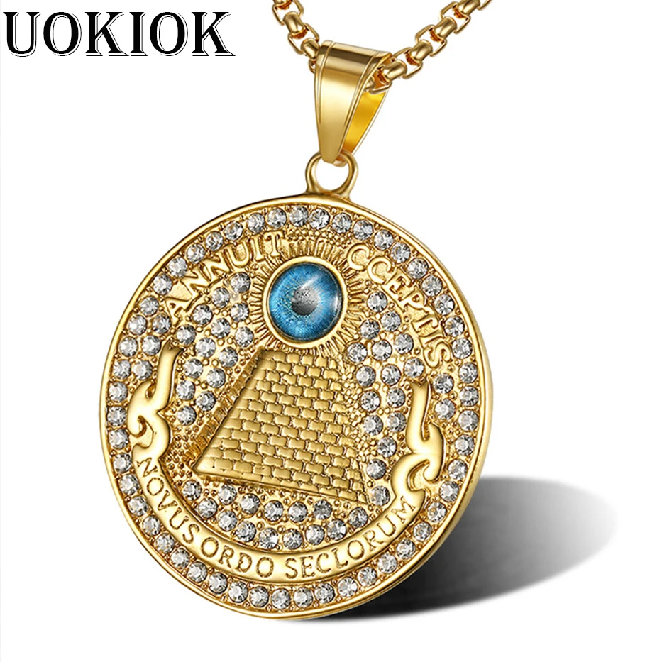 Хип-хоп круглые монеты Подвески с глазом провидения Золотого цвета нержавеющая сталь Золотая цепочка для женщин/мужчин Ювелирные изделия