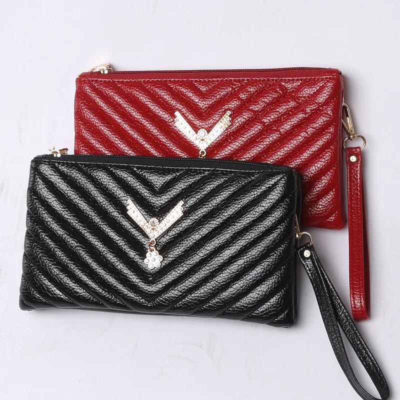 Женщины Решетки Алмаза Сумка Браслет Ремешок ИСКУССТВЕННАЯ Кожа Длинный Кошелек