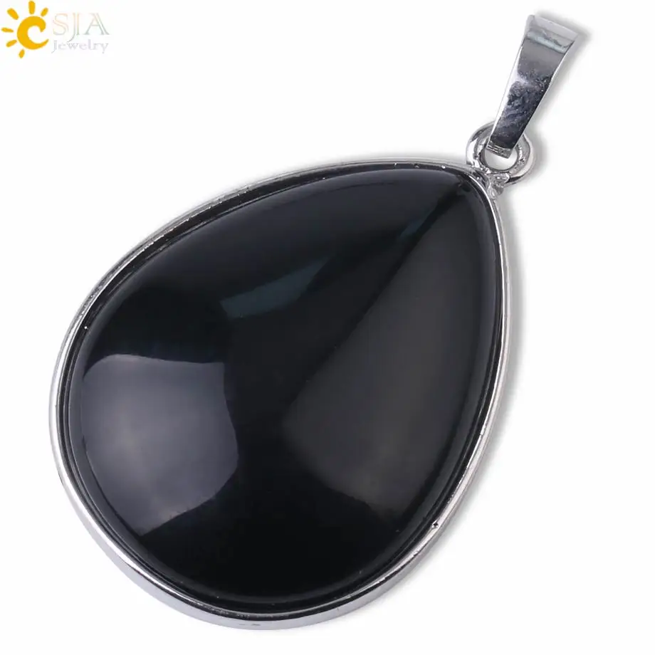 Black Onyx Pendant CSJA подвески из натурального камня тигровый глаз розовый кварц Фиолетовый Кристалл Lapis ОЖЕРЕЛЬЕ капли воды плоские бусины для женщин Исцеление ювелирные изделия F982 - Окраска металла: Black Onyx Pendant