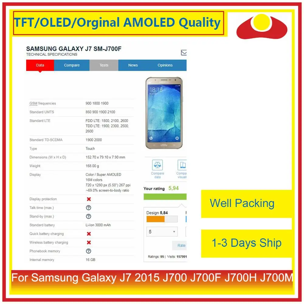 Оригинальный 5 &quotдля Samsung Galaxy J7 2015 J700 J700F J700H J700M ЖК дисплей с сенсорным экраном