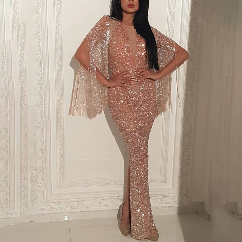 New Style Women Dress Sexy Deep V-neck Glitter Dress Rhinestone Long Tassel Vintage Ladies High Waist Split Sparkly Dresses