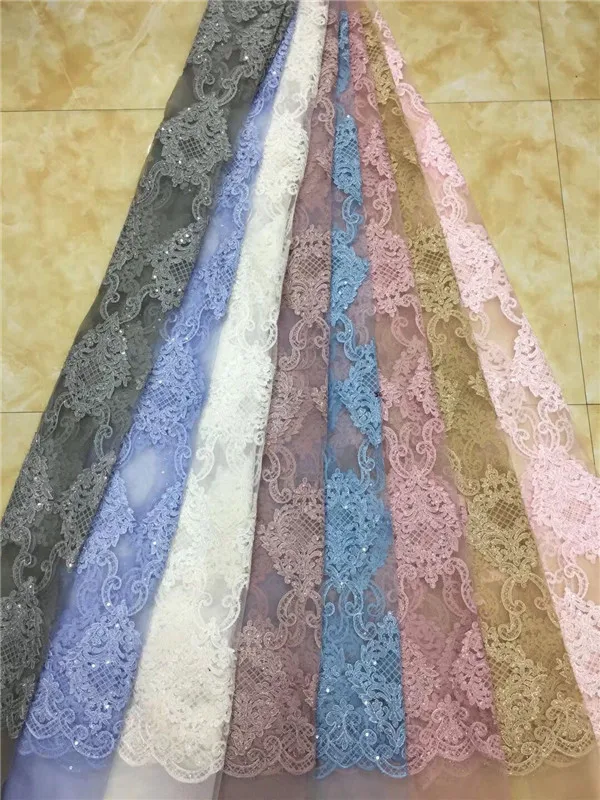 

New design French Net Sequin Lace Fabric 2018 Latest african sequence lace fabric with embroidery tulle fabric Sky blue