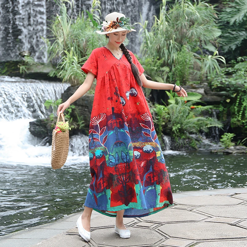 Plus Size Women Vintage Dress Summer Autumn Sundress Cotton Linen Vestidos Lady Long Dresses Print Floral Loose Casual Dress