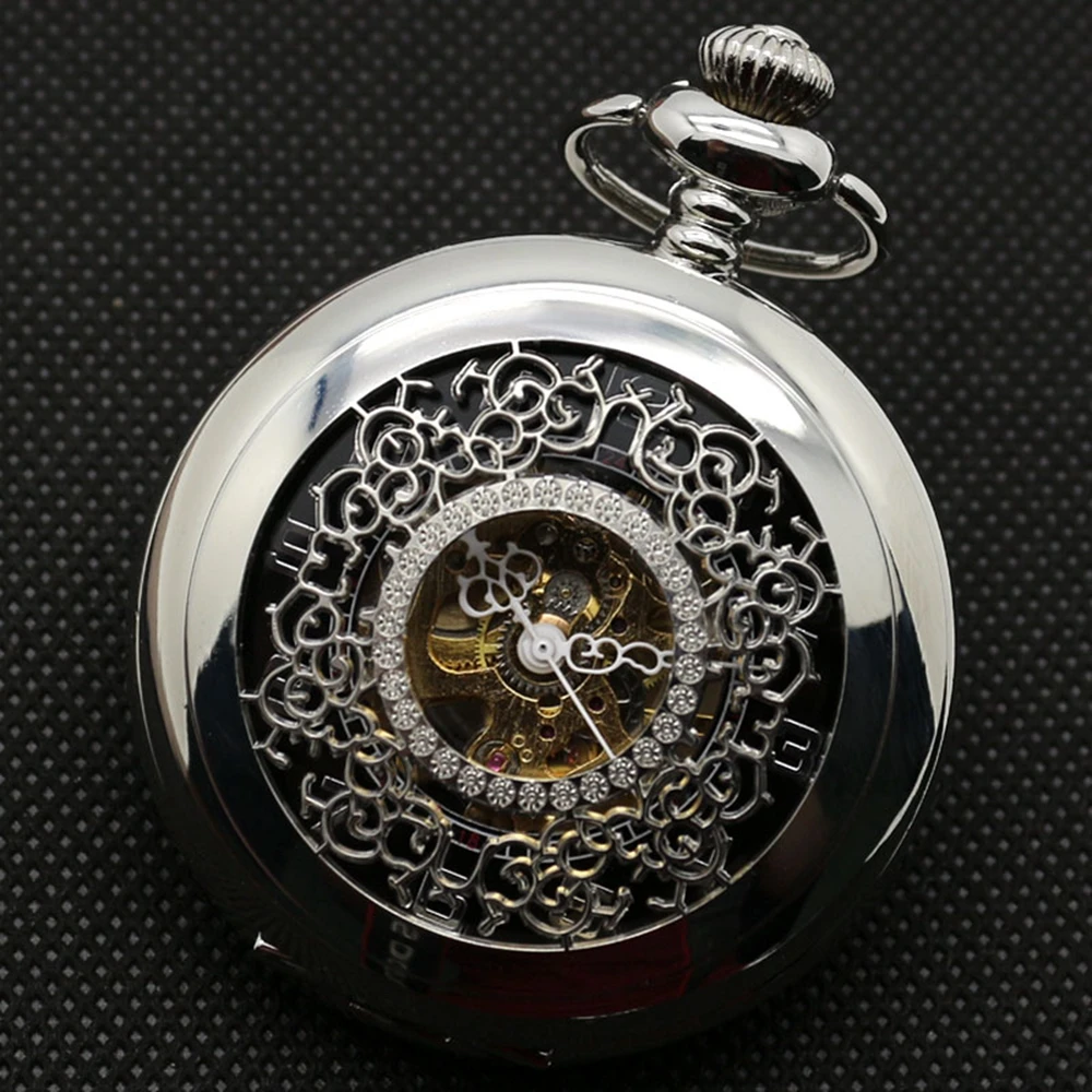 Antique Gift Set Skeleton Steampunk Mechaical Pocket Watch Hollow Carving Flower Pattern Pendant Clock + Gift Box Bag