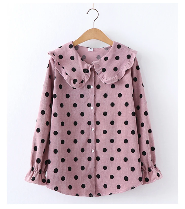 Blusas Femininas Япония Mori girl Блузка с оборками для женщин кукольный воротник в горошек Топы и блузки вельветовые свободные рубашки