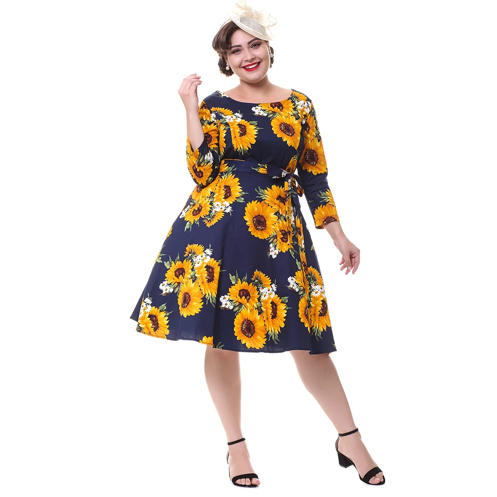 Винтажное платье Joineles размера плюс женское рокабилли с принтом подсолнечника и