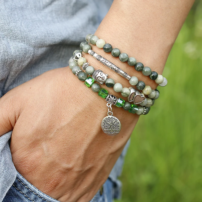 Natural Green Grass lace Agates Bracelet 108 Mala Bracelet Buddha Wing Pendant Chakra 6MM Beaded Necklace Yoga Prayer Bracelets