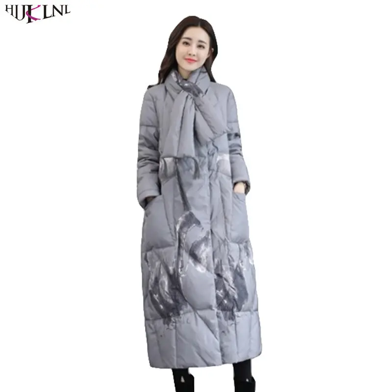 Новинка 2019 женская зимняя куртка на утином пуху длинное Свободное пальто теплая