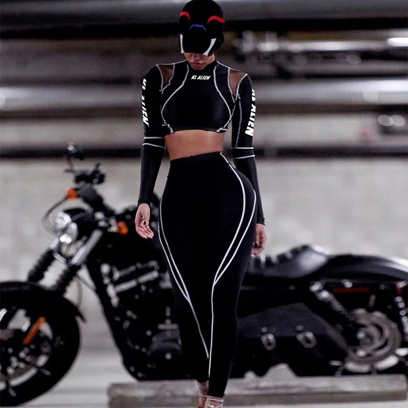 2019 Fashion Women Fitness Sporting Two Pieces Set Letter Print Turtleneck Top Leggings Striped Patchwork 2 Pcs Tracksuits | Женская