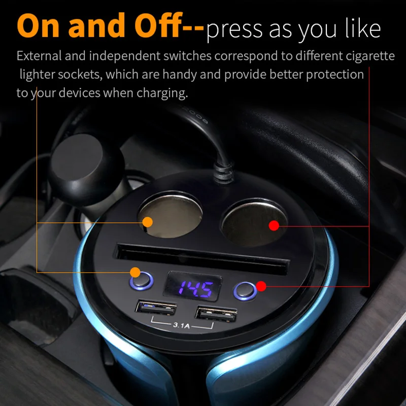 

Hot Car Charger Cup 2 Cigarette Lighter Socket Stand 2 USB Charging Port Card Socket JLD