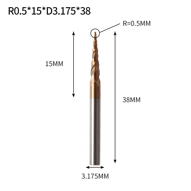 R0.5X15XD3.175X38L Augusttools конические сферические Концевые Фрезы HRC60 из карбида вольфрама с ЧПУ фрезерный станок для дерева, металла, фрезерования 3,175 мм 4 мм 6 мм 8 мм - Длина режущей кромки: R0.5X15XD3.175X38L