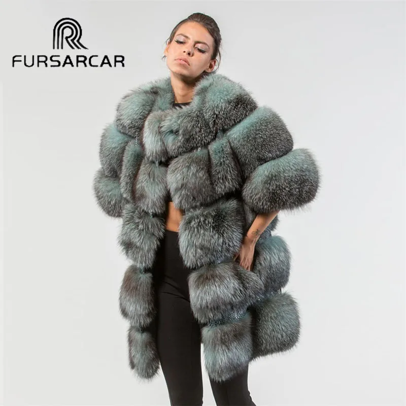 Женское пальто из натурального Лисьего меха FURSARCAR зимняя куртка с круглым