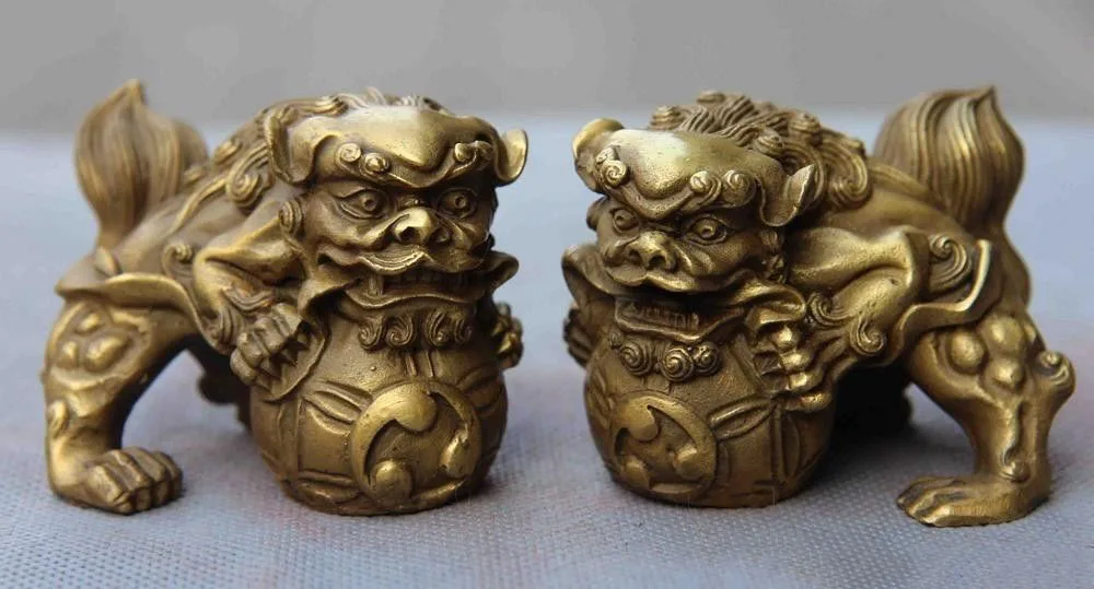 Chinese Fengshui Animal Copper Brass Foo Dog Lion Kylin Unicorn Play Ball Statue | Statues &amp Sculptures