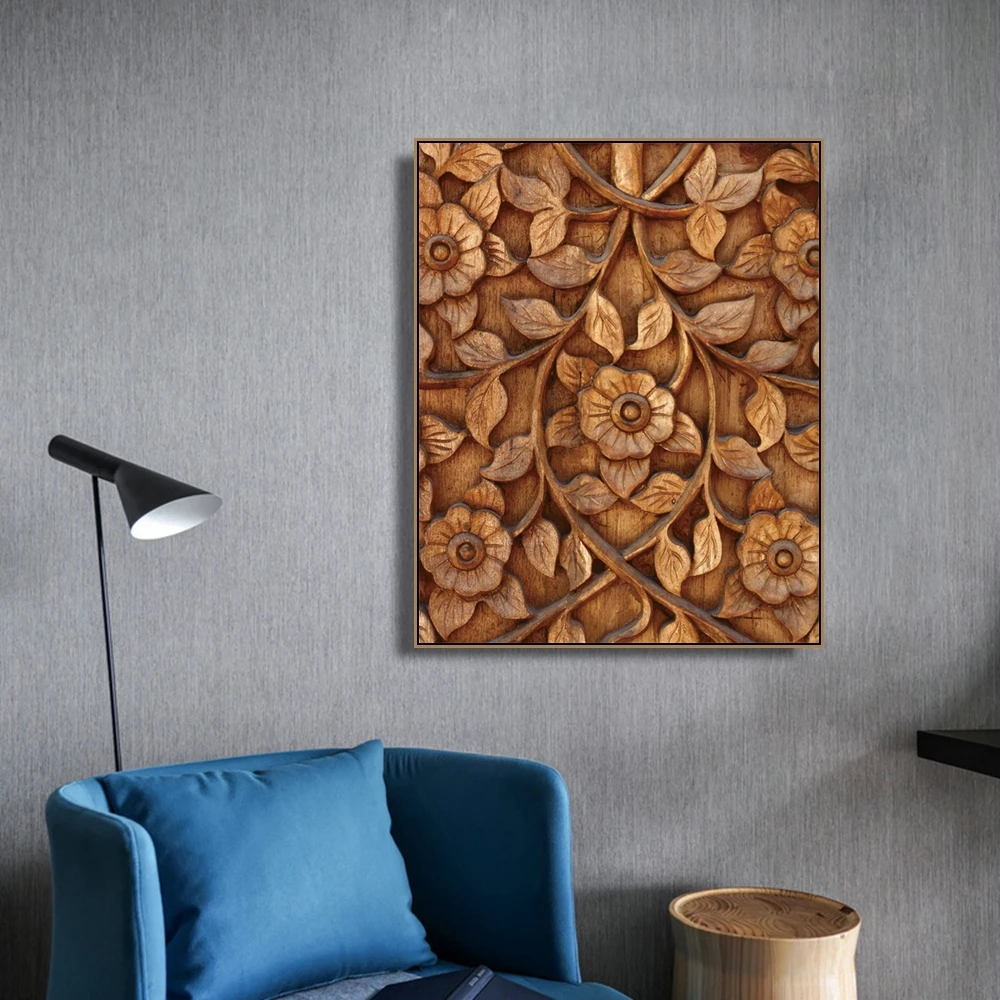 Laeacco Canvas Calligraphy Painting Flower Wood Carving Buddhism Style Posters and Prints Wall Artwork Living Room Home Decor | Дом и сад