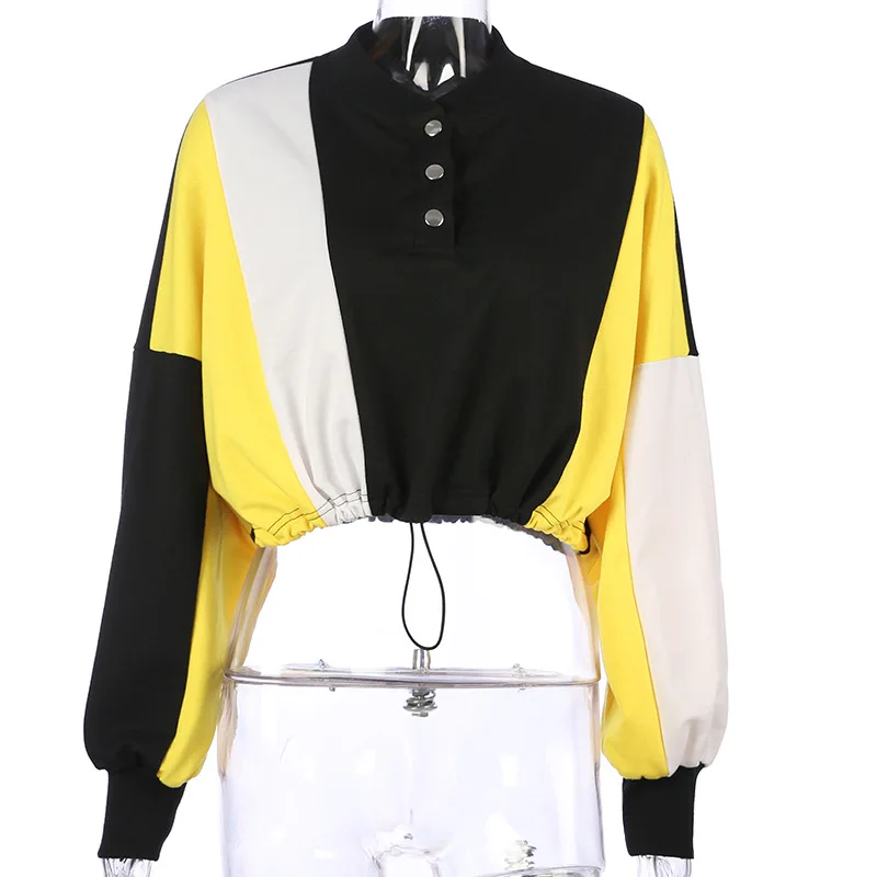 

2019 Patchwork Hoodies Women Long Sleeve Drawstring Spring Autumn Button Pullovers Loose Crop Top Cotton Streewear Hoodiese