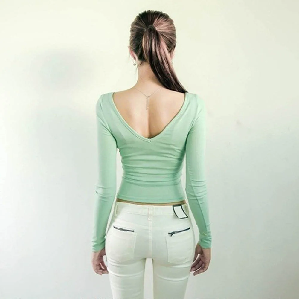 womens tops fashion 2015 autumn t shirt sexy bodysuit low collar V-neck t-shirt women crop top | Женская одежда