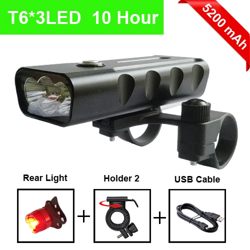 T6 5200mAh taillight NEWBOLER 2400 люмен, 3 светодиодный велосипедный светильник, 5200 мА/ч, L2/T6, вспышка, светильник, зарядка через USB, велосипедный передний светильник, набор, 2 держателя, аксессуары для крепления - Цвет: T6 5200mAh taillight