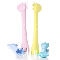 cute baby giraffe training spoon fork teether pure color bpa free safety and environmental silicone baby feeding tableware