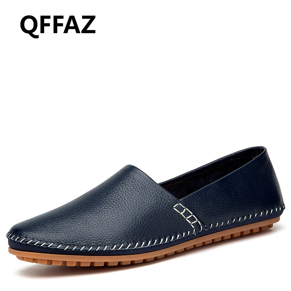 QFFAZ 2018 Genuine Cow leather Men Loafers Fashion Handmade Moccasins Soft Leather Blue Slip On Men's Boat Shoe Big Size 38-47 | Обувь