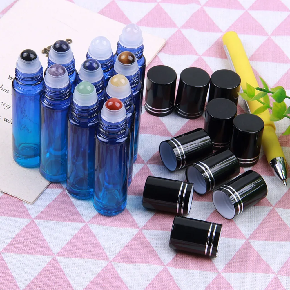 

1pc Natural Gemstones Roller Bottle 10ml Portable Refillable Perfume Roll On Bottles Color Glass Essential Oil Jar Black Cap